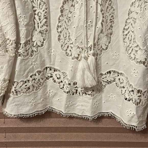 Sundance Top Embroidered Eyelet White Long Sleeve Tassle Tie Boho Blouse Medium - Picture 4 of 11